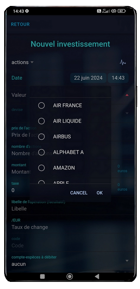 ecran nouvel investissement actions