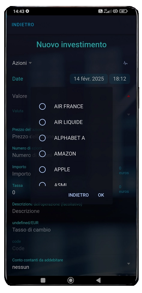 schermata nuovo investimento azioni