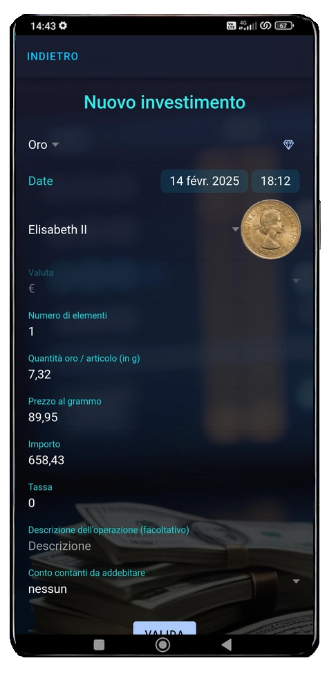 schermata nuovo investimento oro